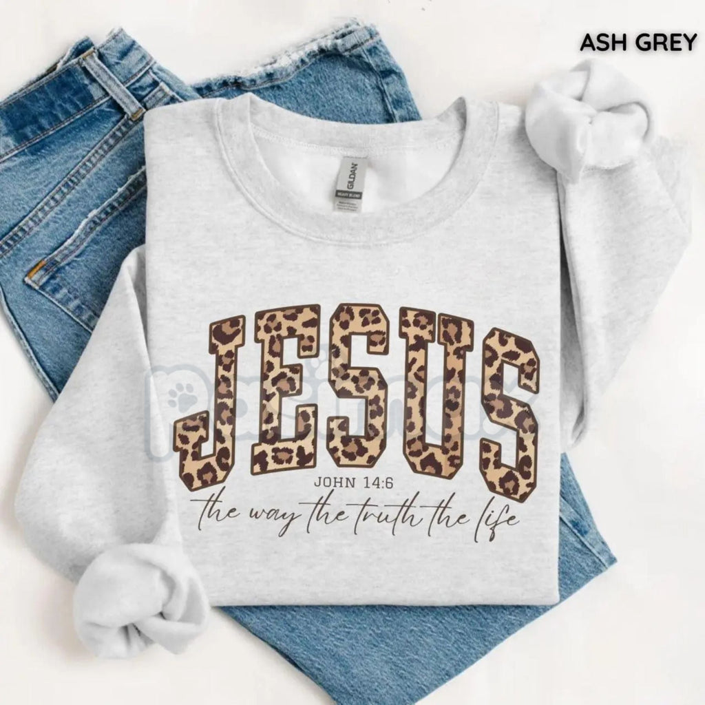Christian Jesus Leopard Sweatshirt | Cheetah Print Faith Crewneck | Modern Bible Verse Shirt for Women