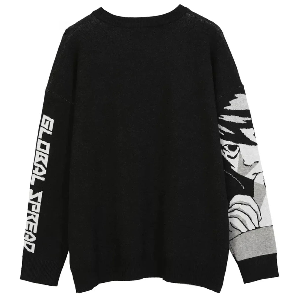Manga Muse Knit Sweater – Monochrome Anime-Inspired Oversized Pullover